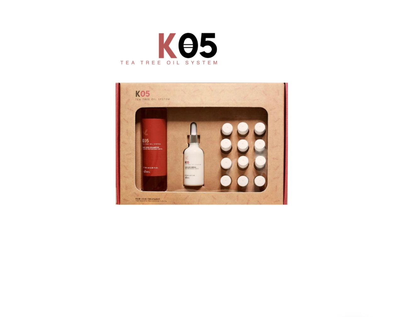 RINKINYS K05 nuo plaukų slinkimo - trichologinis šampūnas (250 ml), serumas (50 ml) ir losjonas ampulėse 12x10 ml