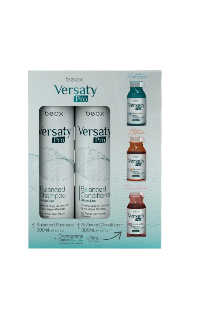BEOX VERSATY PRO Rinkinys - šampūnas, kondicionierius ir koncentrato mono dozės personalizuotam plaukų atstatymui (3 x 15 ml)