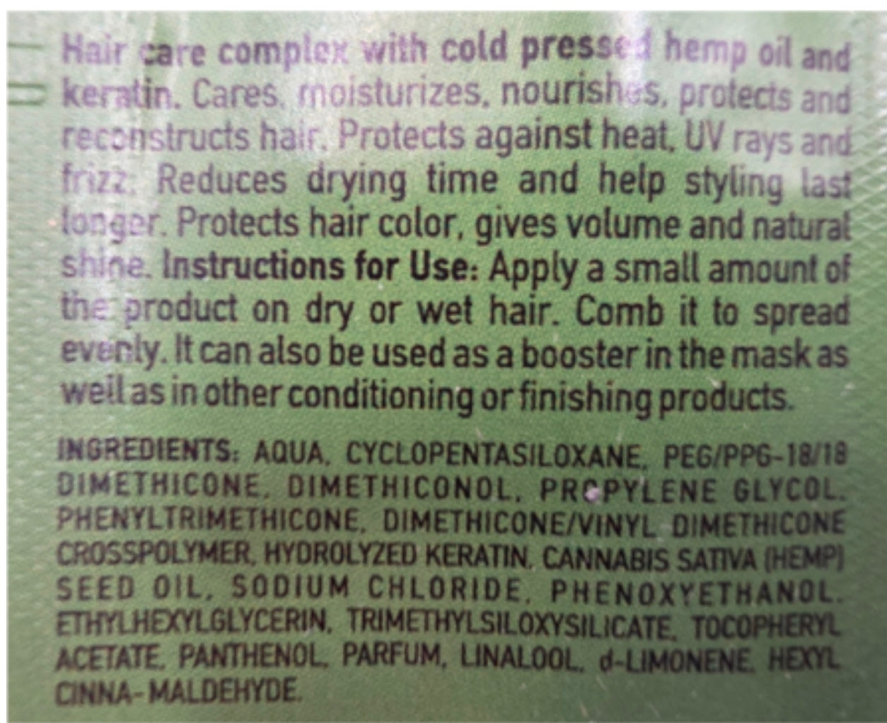 CANNABIS SHEER THERAPY Šalto spaudimo kanapių aliejaus ir keratino terapija (serumas) plaukams, be gliuteno, 100 ml