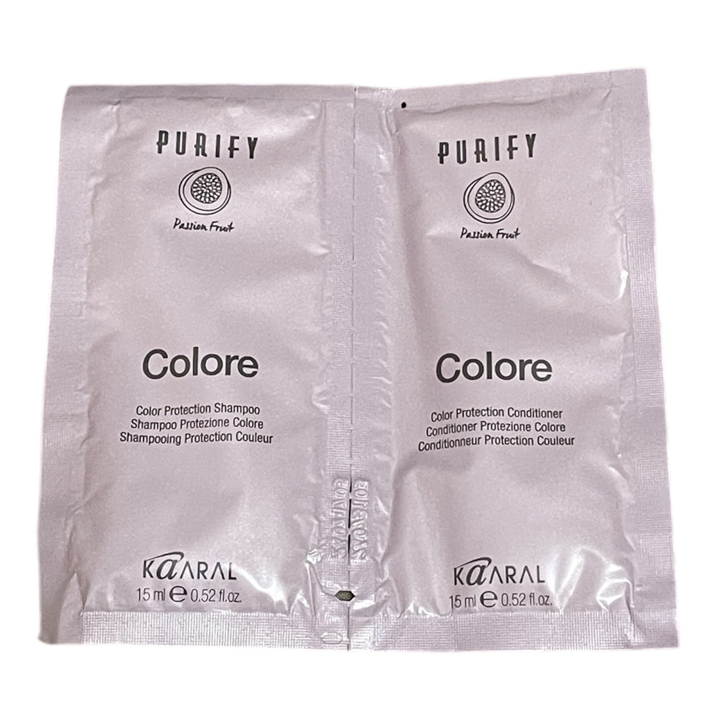 COLORE mėginukai ✾ Šampūnas ir kondicionierius dažytiems plaukams su pasifloros, acai bei ryžių ekstraktais, 15 ml+10 ml