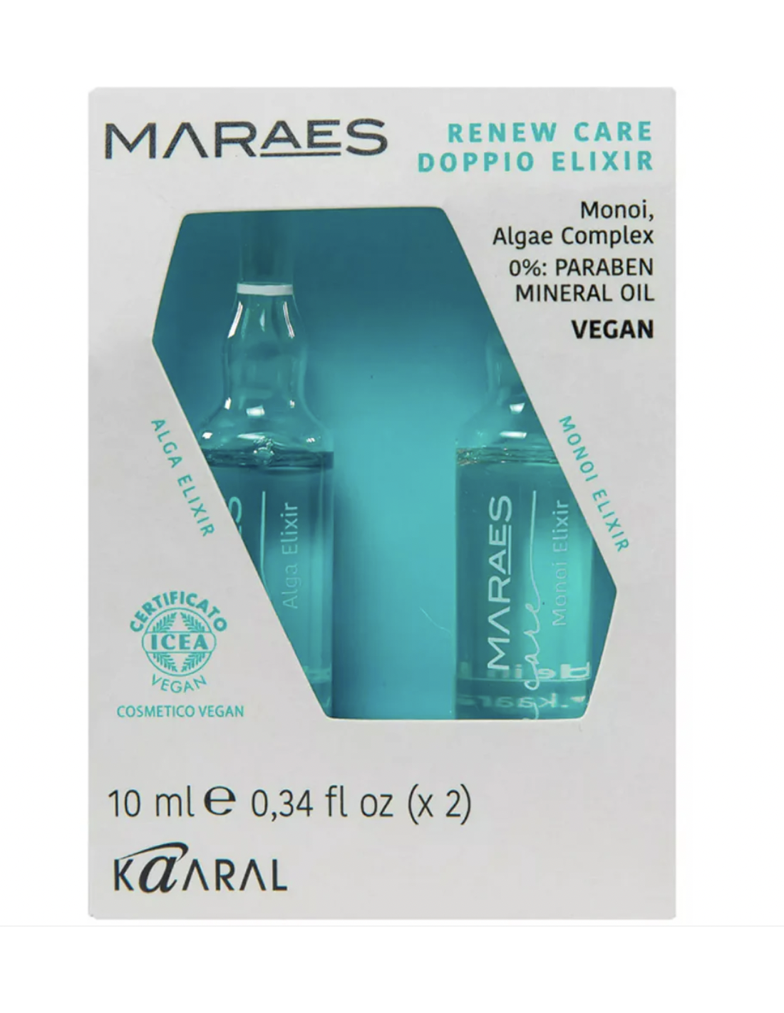 MARAES RENEW CARE DOPPIO ELIXIR – DVIEJŲ FAZIŲ ELIKSYRAS pažeistų, silpnų ir blankių plaukų priežiūrai (100% VEGAN), 2 x 10 ml