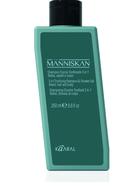 Människan - 3 in 1 - Tonizuojantis šampūnas plaukams, barzdai ir dušo gelis, su raudonuoju sandalmedžiu ir zeolitu, 250 ml