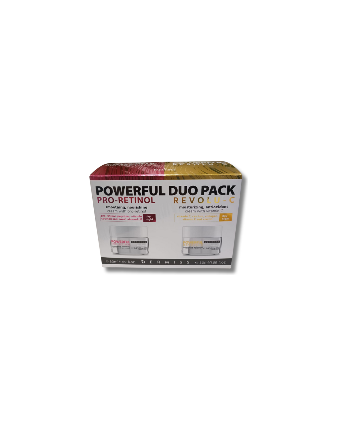 DERMISS POWERFUL DUO - 2 kremai veidui REVOLU-C su vitaminu C ir PRO-RETINOL, su retinoliu, abu tinkantys dienai ir nakčiai, 2x30 ml