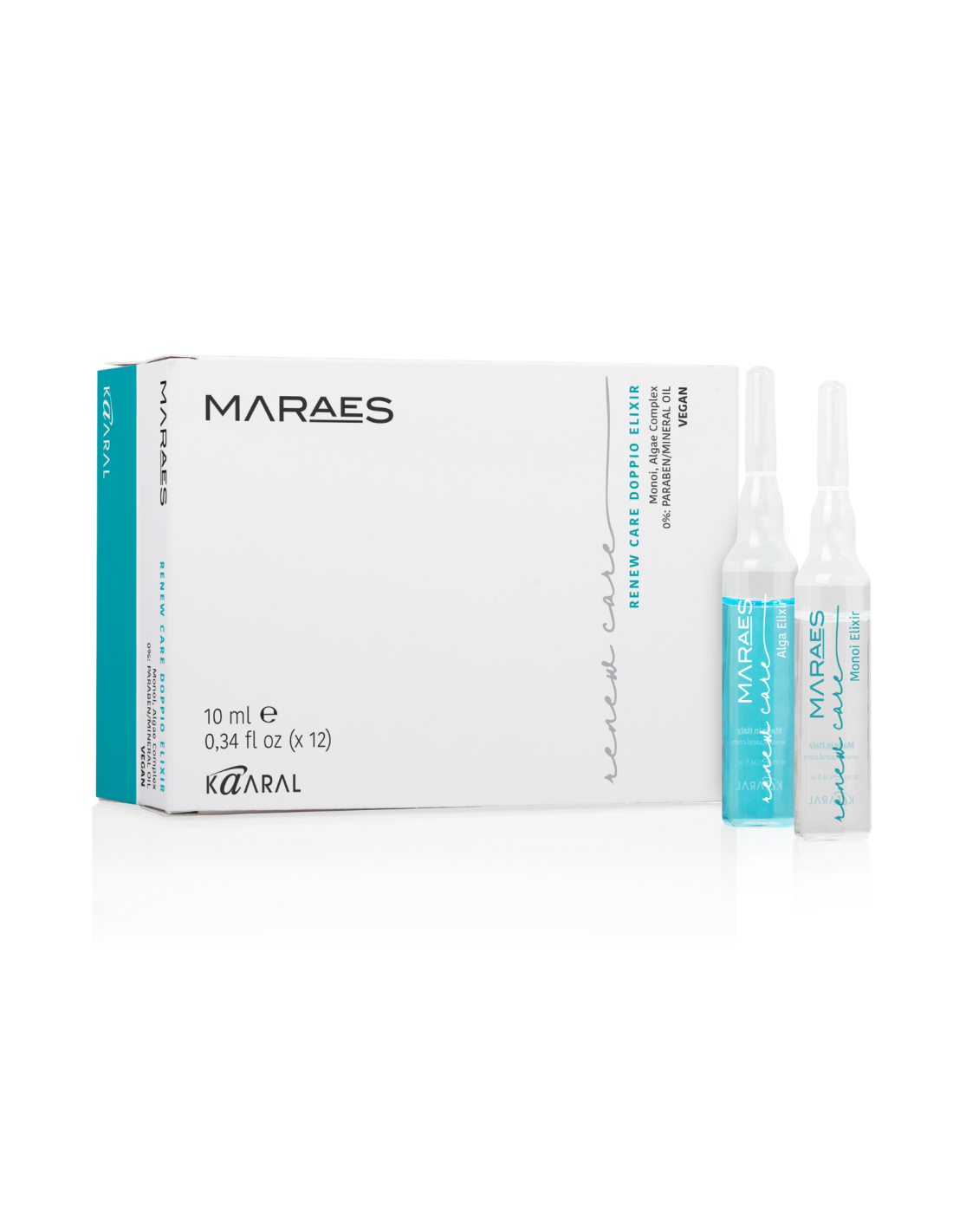 MARAES RENEW CARE DOPPIO ELIXIR – DVIEJŲ FAZIŲ ELIKSYRAS pažeistų, silpnų ir blankių plaukų priežiūrai (100% VEGAN), 12 x 10 ml