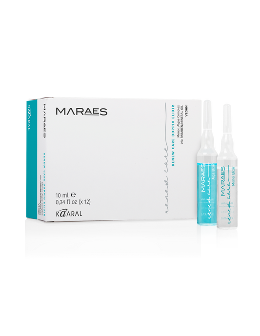 MARAES RENEW CARE DOPPIO ELIXIR – DVIEJŲ FAZIŲ ELIKSYRAS pažeistų, silpnų ir blankių plaukų priežiūrai (100% VEGAN), 12 x 10 ml