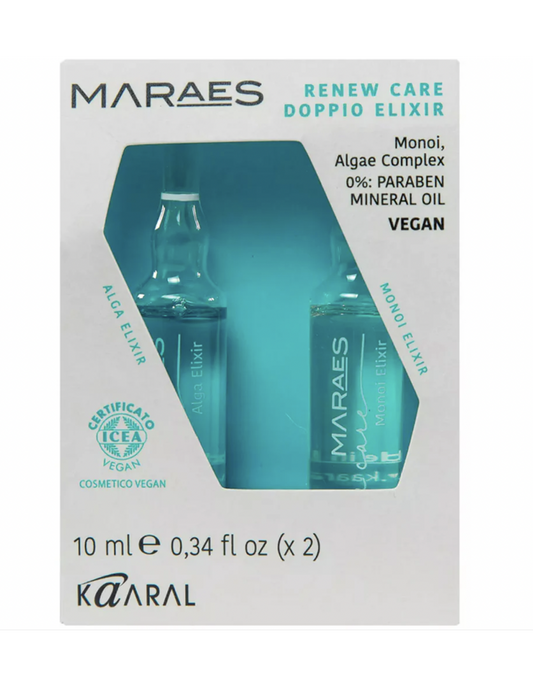 MARAES RENEW CARE DOPPIO ELIXIR – DVIEJŲ FAZIŲ ELIKSYRAS pažeistų, silpnų ir blankių plaukų priežiūrai (100% VEGAN), 2 x 10 ml